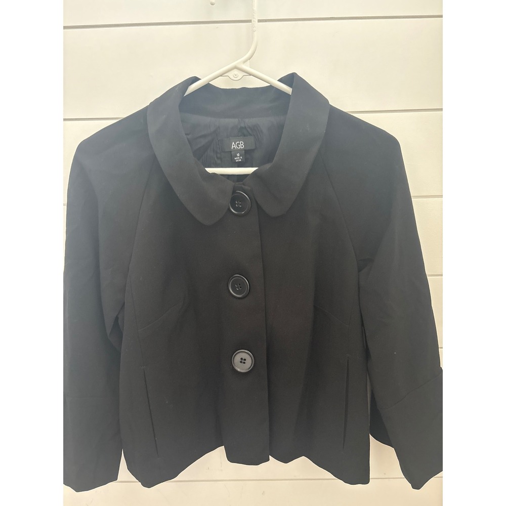 AGB Womens Black Cropped Jacket Peter Pan Collar Bell Sleeve Size 10